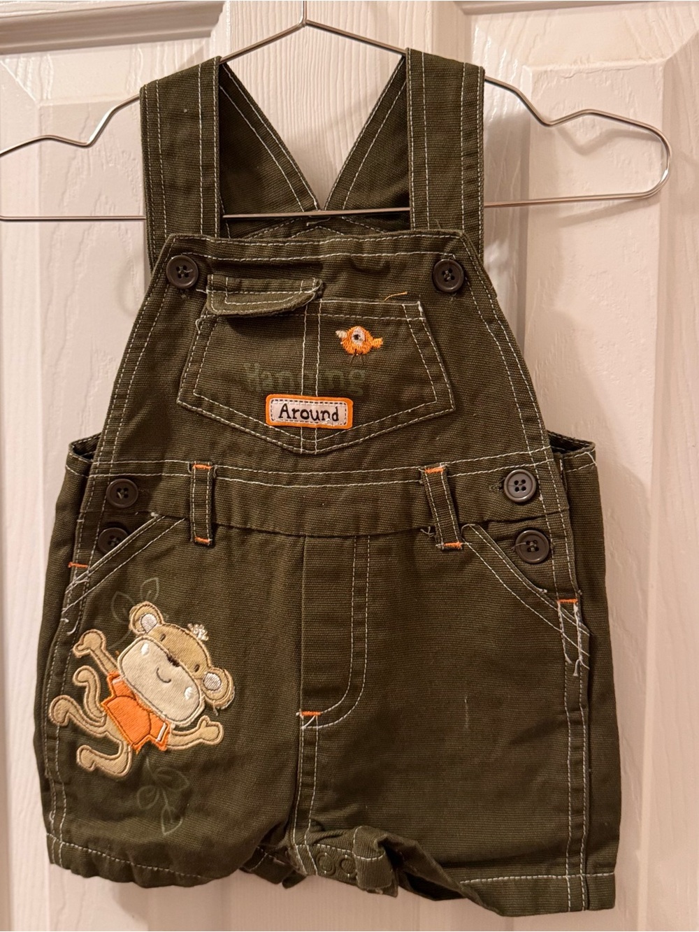 Baby Rebels Green Overalls Shorts embroidered Monkey Appliqué Vintage Y2K 6-9 mo